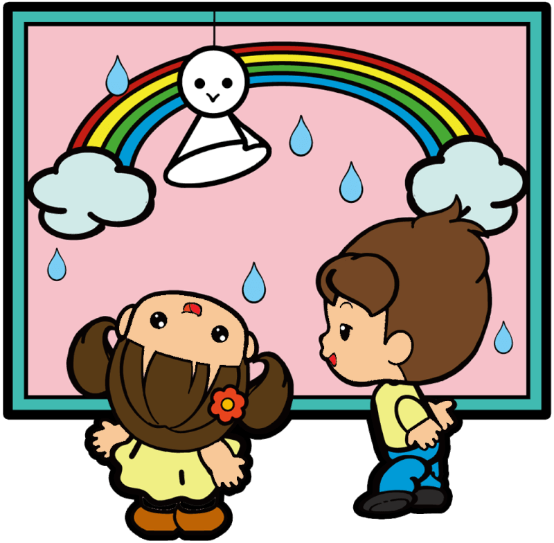 窓から雨の景色を見る園児たちのカラーイラスト