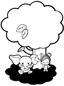 木陰で昼寝する子どものイラスト　白黒