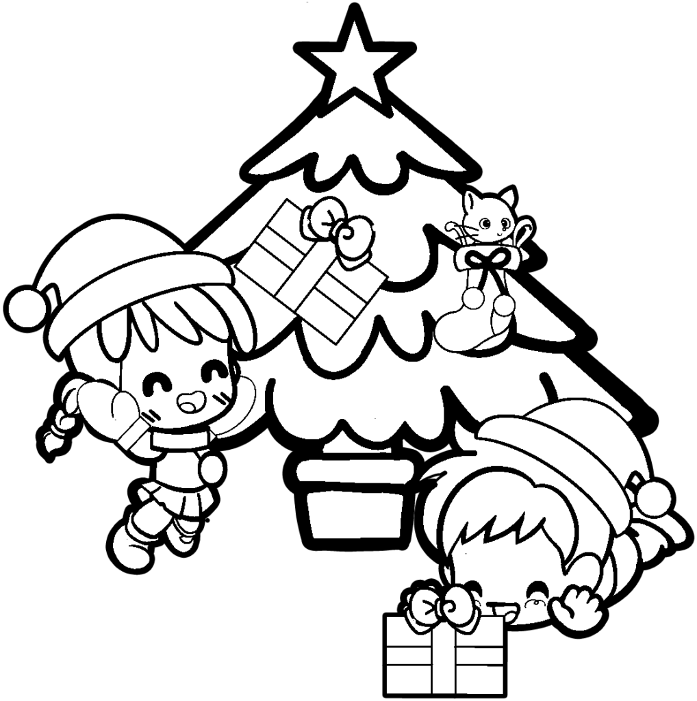 クリスマスにプレゼントをもらって喜ぶ子どもたちのイラスト 白黒