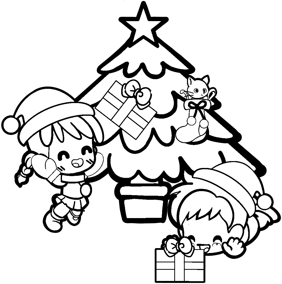 クリスマスにプレゼントをもらって喜ぶ子どもたちの白黒イラスト