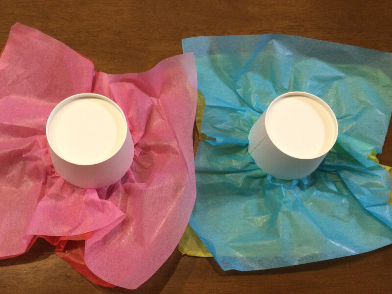 ひな祭りの製作で紙コップで花紙をはさんでいる写真